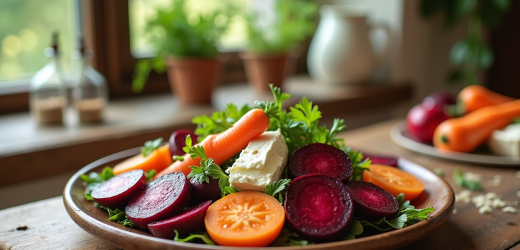 Salade colorée de betteraves et carottes fraîches avec fromage de chèvre