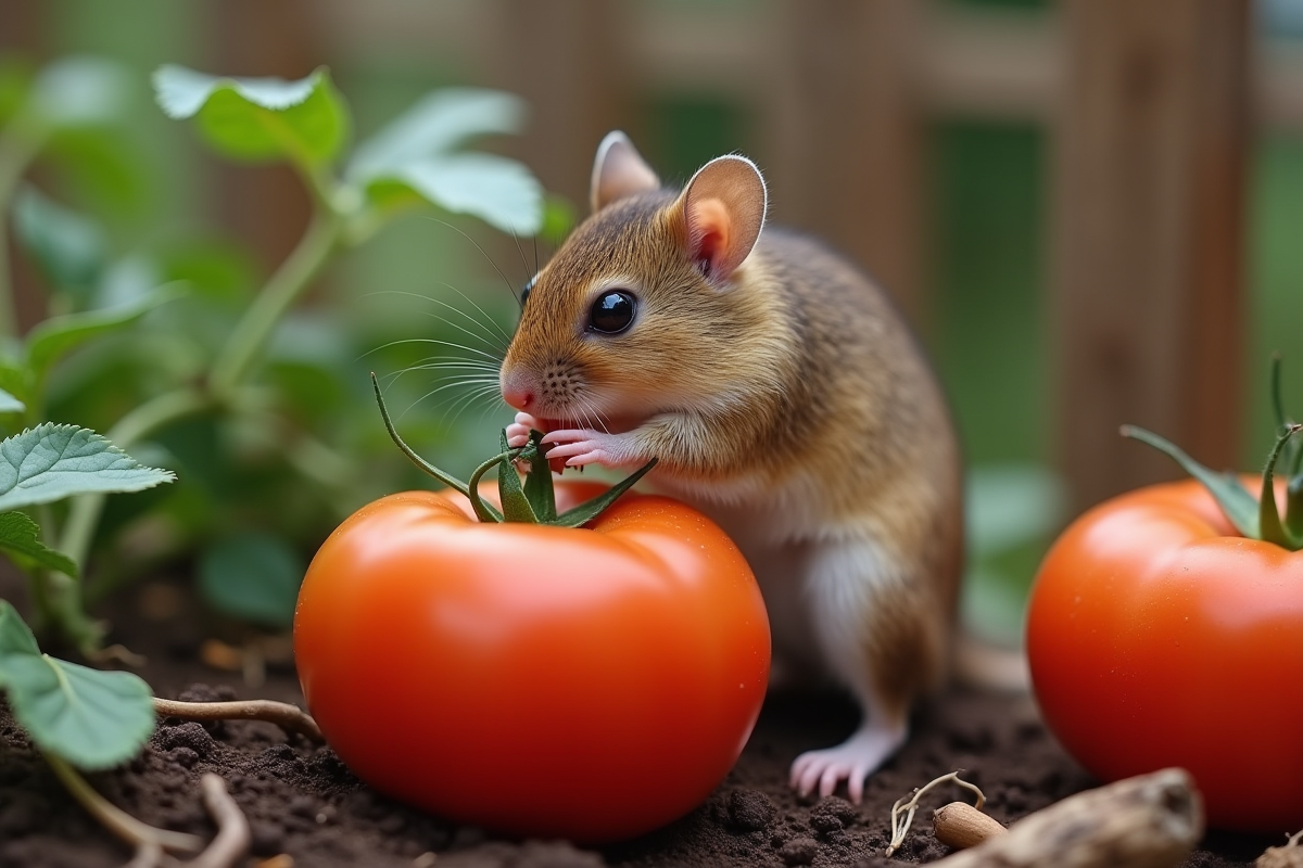 Petite souris brune mangeant une tomate dans le jardin