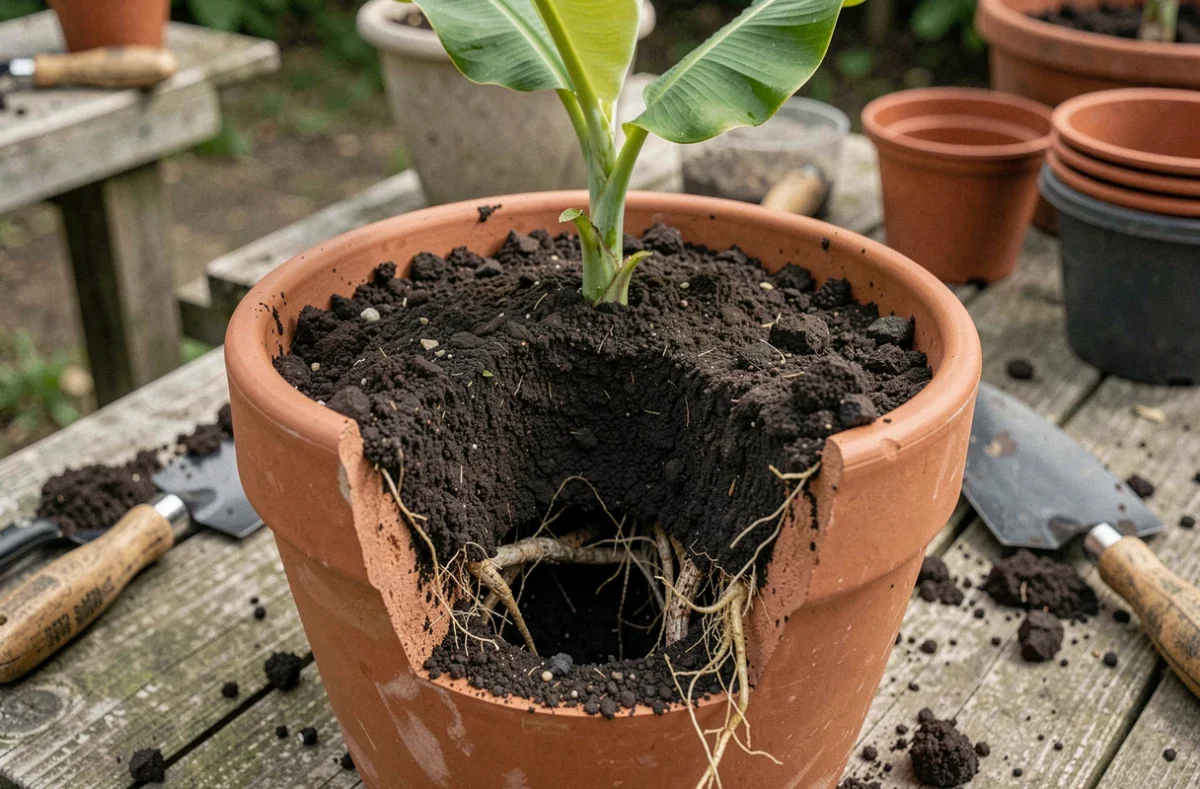 Coupe transversale d'un pot de bananier avec un substrat compacté et aucune couche drainante au fond, illustrant l'erreur de ne pas prévoir un drainage adapté.