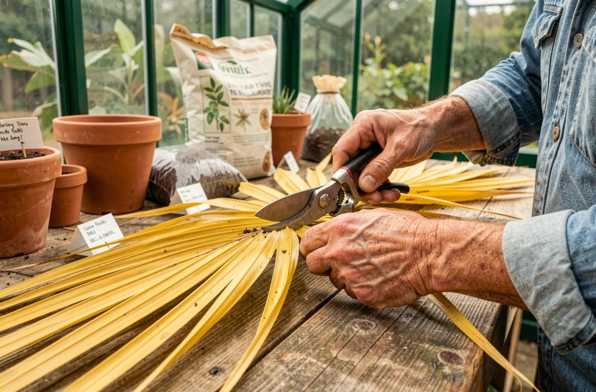 Mains d'un jardinier taillant des frondes jaunies de palmier avec un sécateur dans une serre