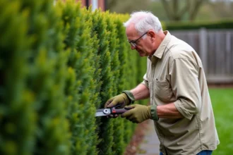 Jardinier taillant une haie de Prunus laurocerasus avec un sécateur dans un jardin suburban au printemps