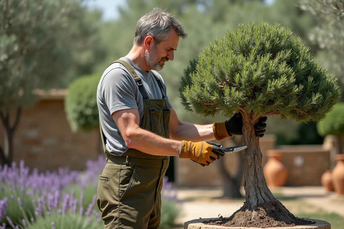Professionnel en train de tailler un olivier en nuage dans un jardin méditerranéen avec des cisailles manuelles