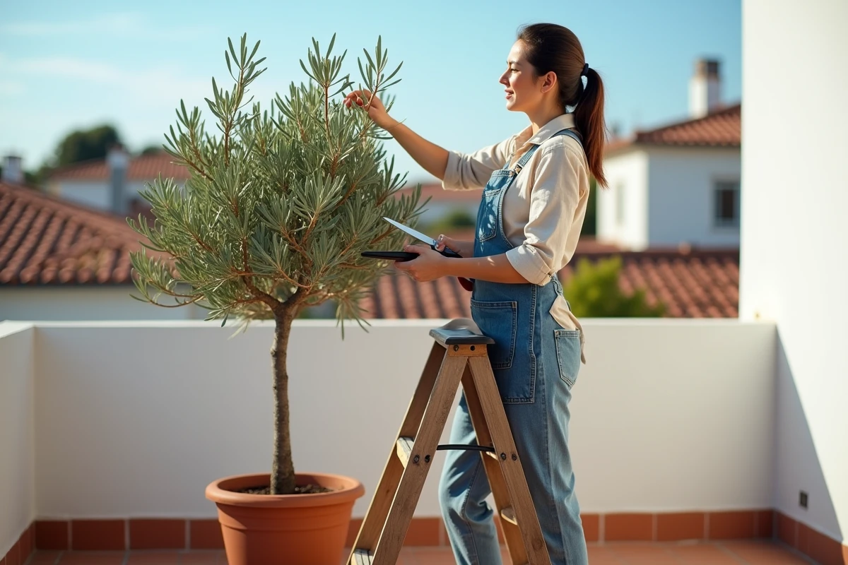 Femme qui taille elle-même un jeune olivier en nuage sur une terrasse urbaine avec un escabeau en bois