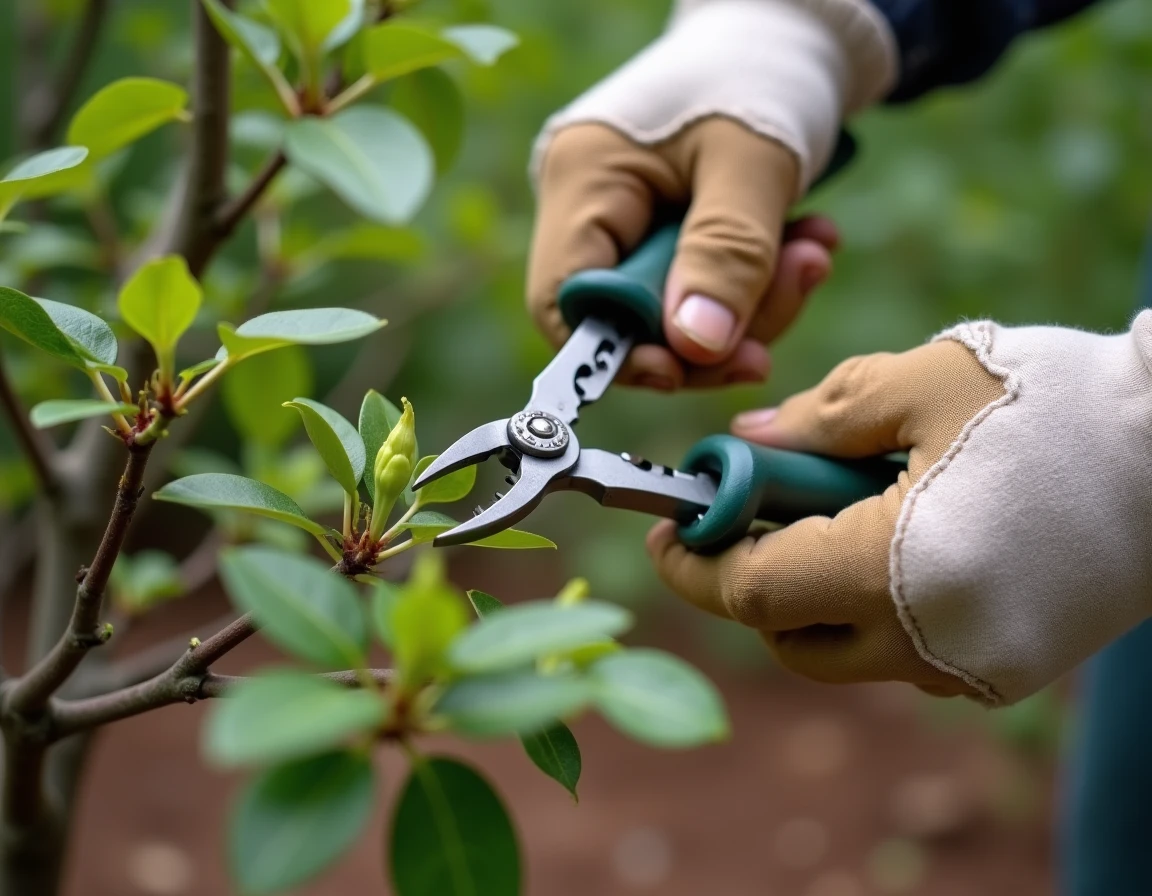Taille d'un pittosporum Kohuhu avec un sécateur, geste d'entretien du jardin
