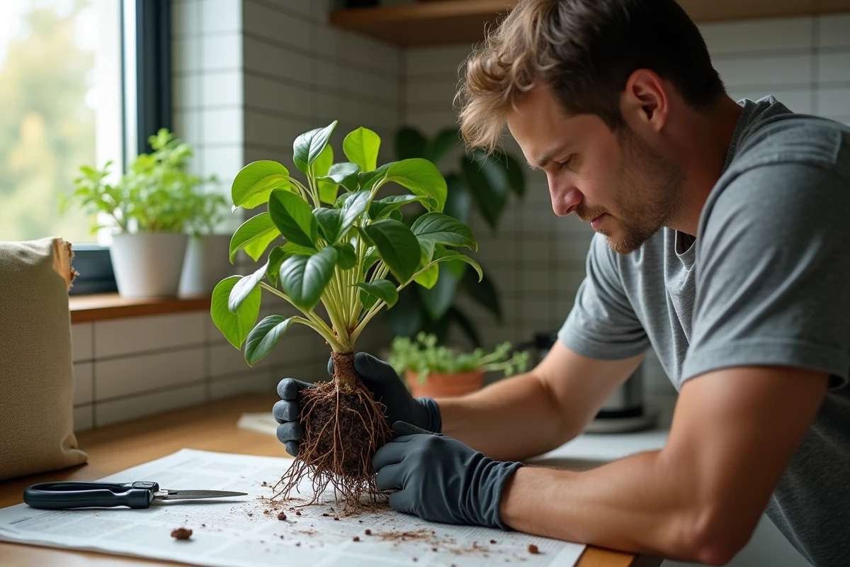 Homme taillant les racines abîmées d'un ficus avant le rempotage sur une table de cuisine