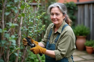 Jardinière taillant une sauge arbustive trop haute avec un sécateur dans un jardin résidentiel