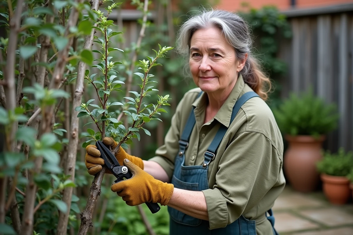 Jardinière taillant une sauge arbustive trop haute avec un sécateur dans un jardin résidentiel