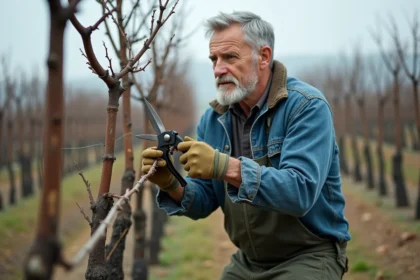 Jardinier taillant une vigne dormante avec un sécateur en hiver dans un jardin potager