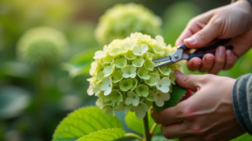Mains taillant une tige d hydrangea en plein air