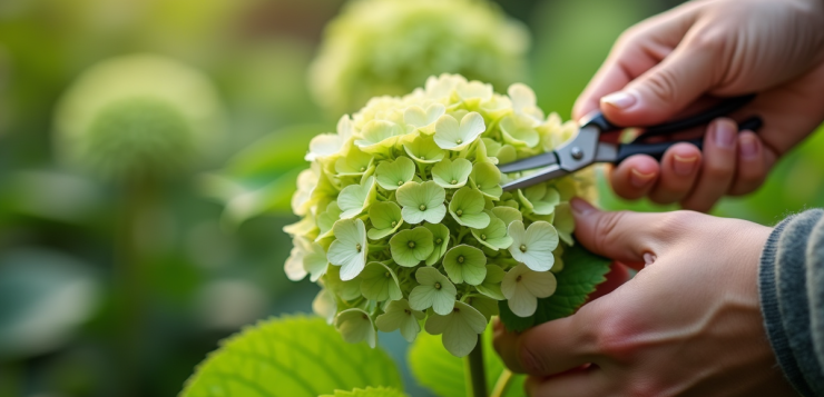 Mains taillant une tige d hydrangea en plein air