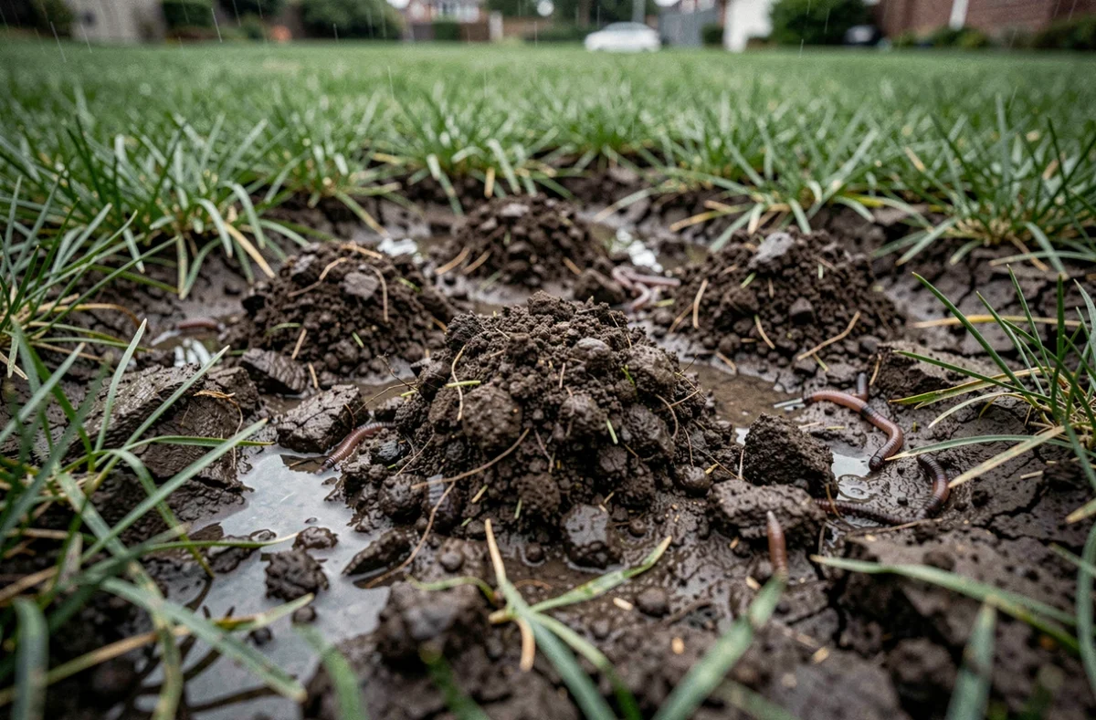 Gros plan sur des taupinières dans un sol saturé d'eau après une inondation