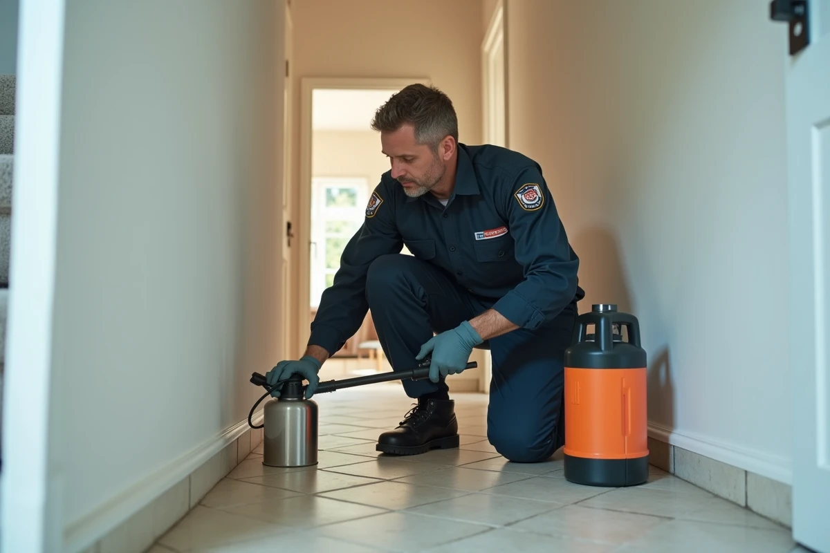 Technicien professionnel de dératisation et désinsectisation traitant une plinthe contre les puces noires sauteuses dans une maison