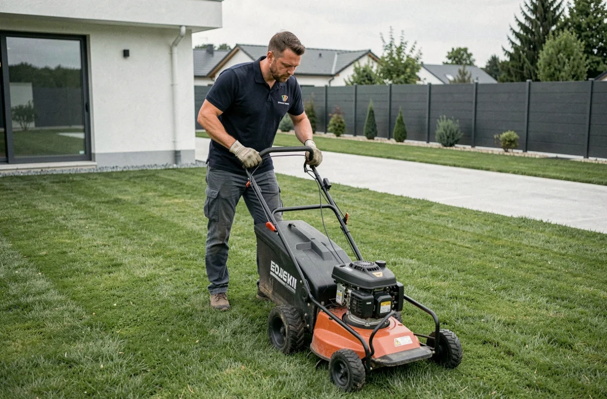 Technicien de Technovert SARL utilisant une machine d'entretien de pelouse dans un jardin moderne à Voujeaucourt dans le Doubs