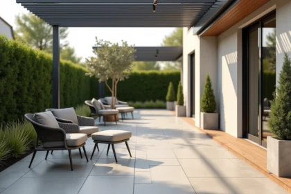 Terrasse moderne avec dallage en grès cérame, pergola en aluminium et mobilier en résine tressée sans entretien