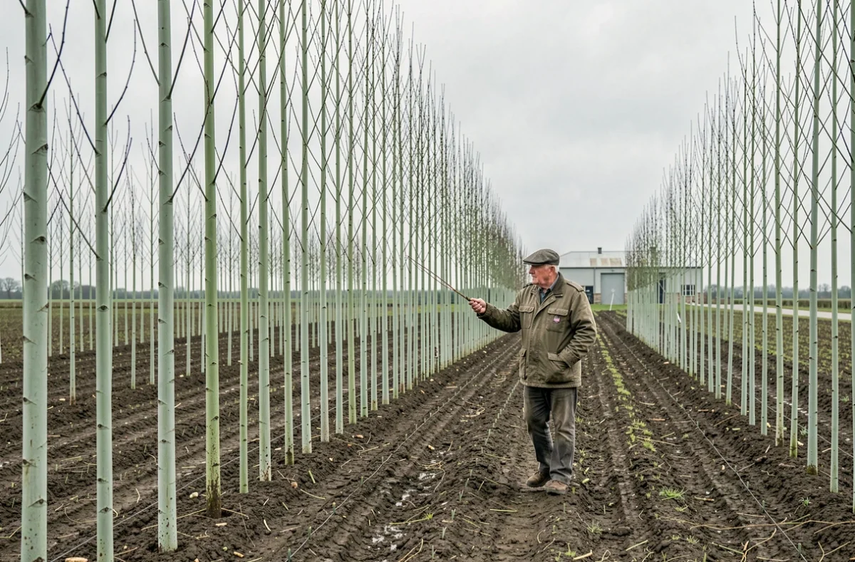 Homme inspectant les rangées de peupliers dans la pépinière spécialisée Thieffry à Chereng, jeunes troncs élancés s'étendant à l'horizon
