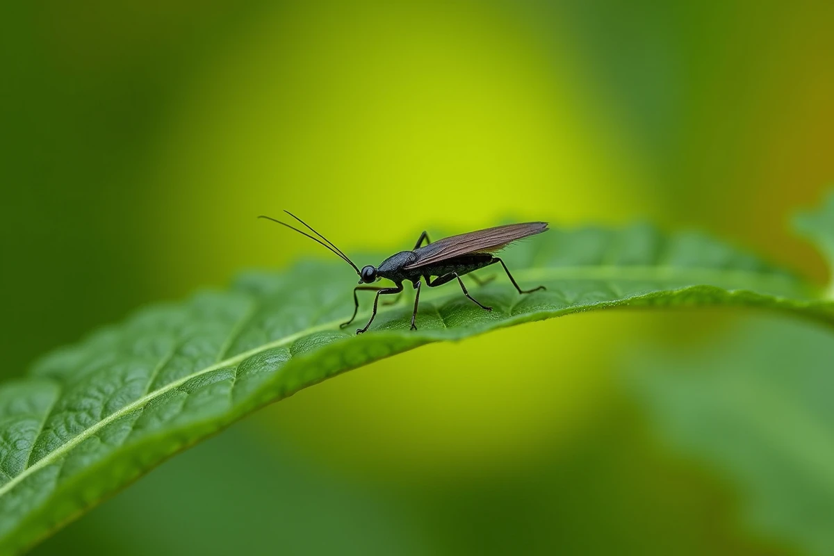 Gros plan macro d'un thrips insecte noir minuscule sur une feuille verte, détails de l'exosquelette et des ailes frangées visibles