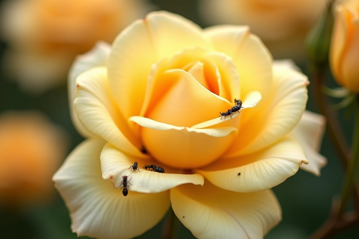 Thrips minuscules noirs en groupe sur un pétale de rose jaune avec dommages d'alimentation argentés caractéristiques