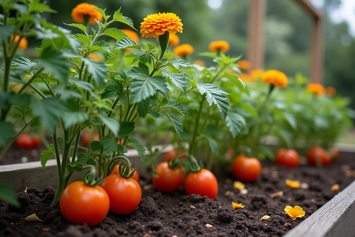 Gros plan de plants de tomates avec marguerites à la base