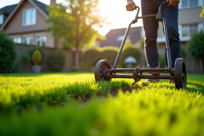 Jardinier utilisant un scarificateur manuel sur une pelouse verte