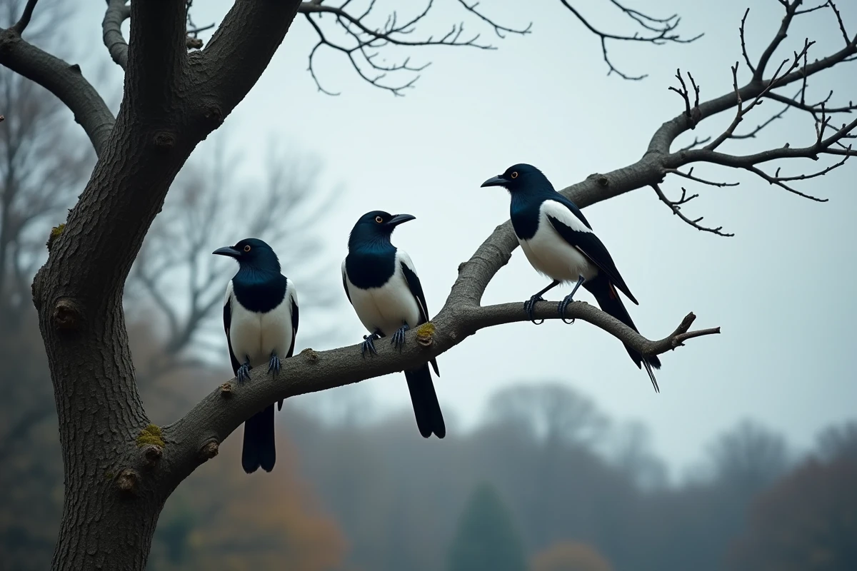 Trois pies posées sur les branches d'un vieux chêne sous un ciel nuageux, représentant la symbolique spirituelle de voir trois pies ensemble