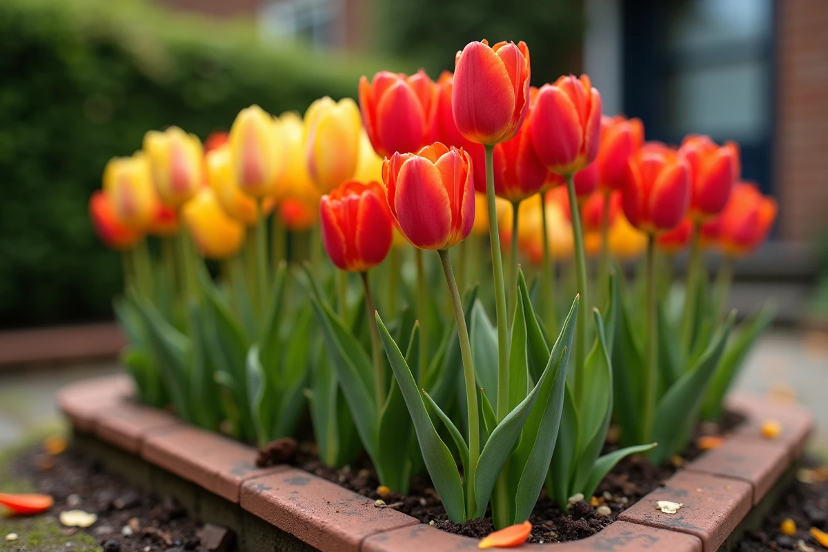 Tulipes rouges et jaunes en fleur au printemps dans un jardin, bulbes laissés en terre ayant repoussé naturellement