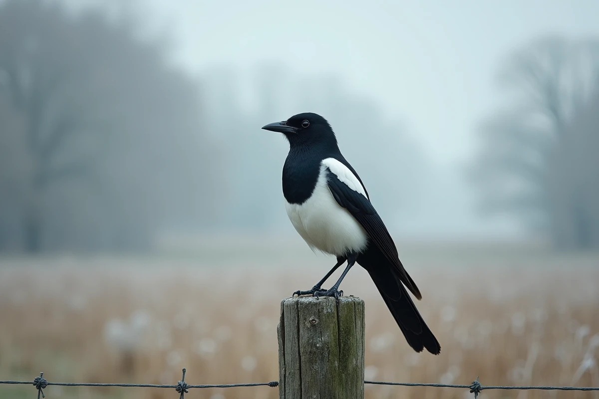 Une pie solitaire perchée sur un vieux poteau en bois dans une prairie brumeuse, illustrant la signification spirituelle de voir une seule pie