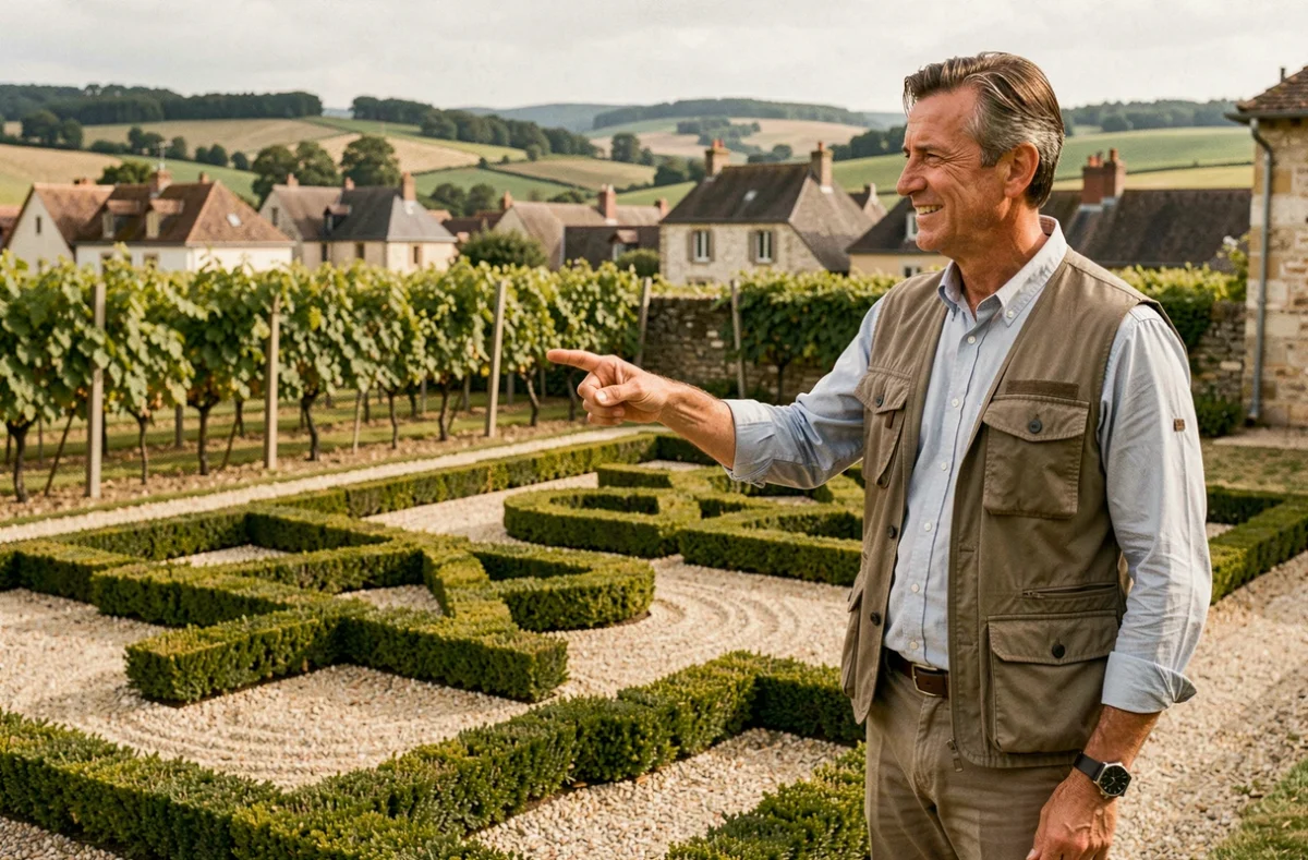 Paysagiste de V2G Paysages présentant un jardin à la française nouvellement aménagé à Puligny-Montrachet en Côte-d'Or avec vue sur les vignobles bourguignons