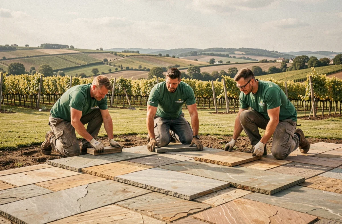 Équipe de VDS Paysage posant des dalles de pierre naturelle sur une terrasse de jardin à Soirans en Côte-d'Or