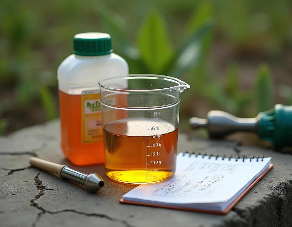 Gros plan d'un verre doseur rempli de concentré de glyphosate 360 posé sur du béton avec un bidon herbicide et des notes de dosage