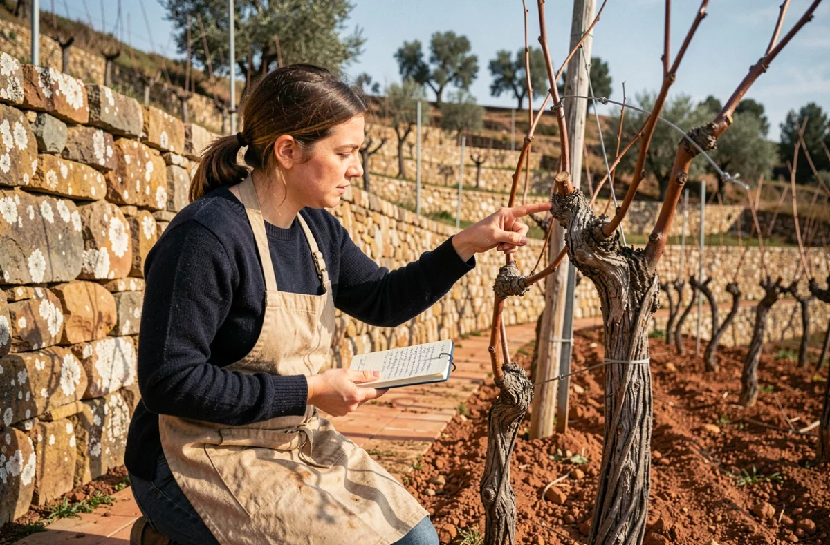 Femme vigneronne montrant un courson taillé sur un cordon de vigne en terrasse méditerranéenne, guide pratique de taille de la vigne