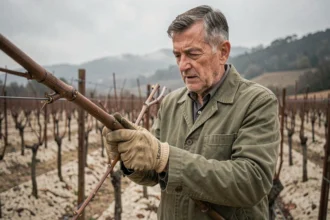 Viticulteur expérimenté examinant un sarment de vigne en hiver dans un vignoble français, guide de taille de la vigne