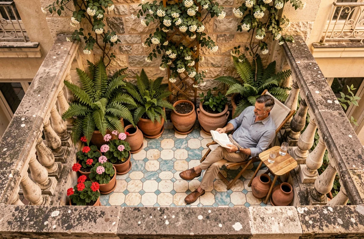 Vue aérienne d'un balcon parisien réaménagé en espace vert avec géraniums, fougères et jasmin grimpant sur un treillis, homme lisant dans un fauteuil