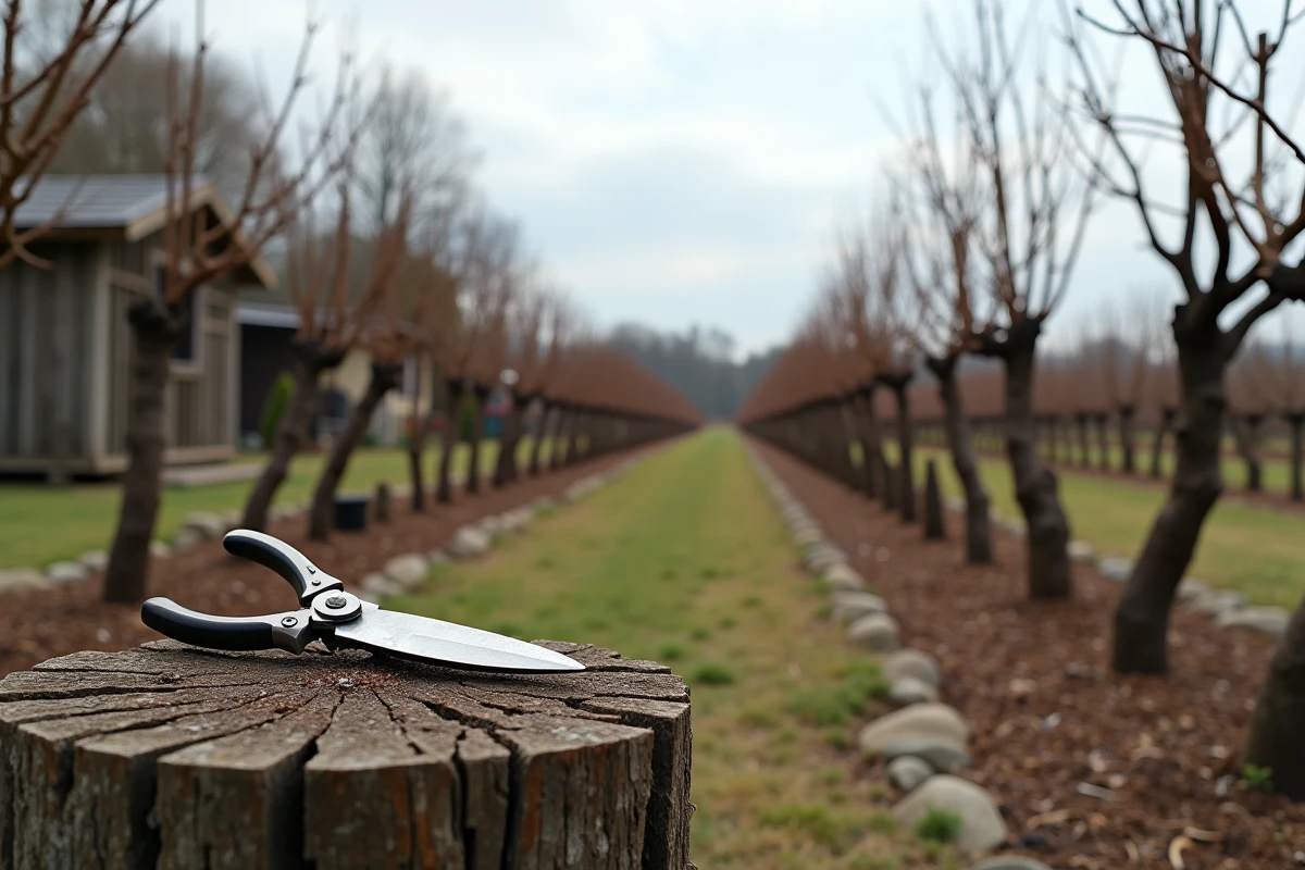 Vue large d'un potager avec des rangs de vignes fraîchement taillées et un sécateur posé sur un piquet en bois