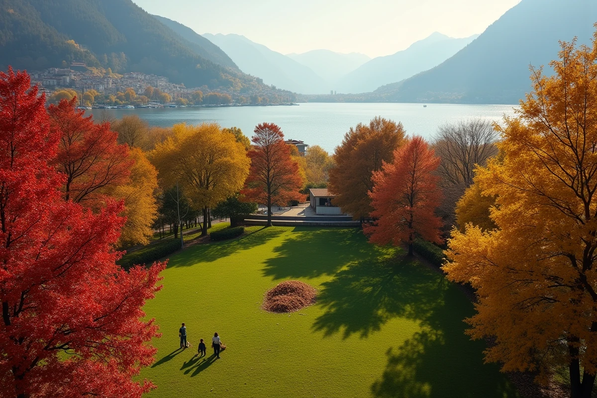 Vue panoramique sur un parc aux couleurs d'automne à Annecy avec le lac et les Alpes en arrière-plan